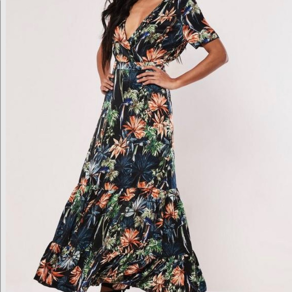 black floral frill hem maxi dress